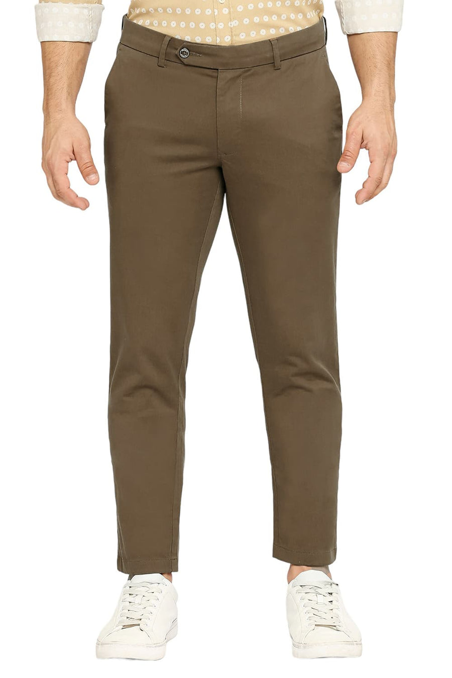BASICS TAPERED FIT OTTER BROWN COTTON STRETCH PEACH TWILL TROUSERS