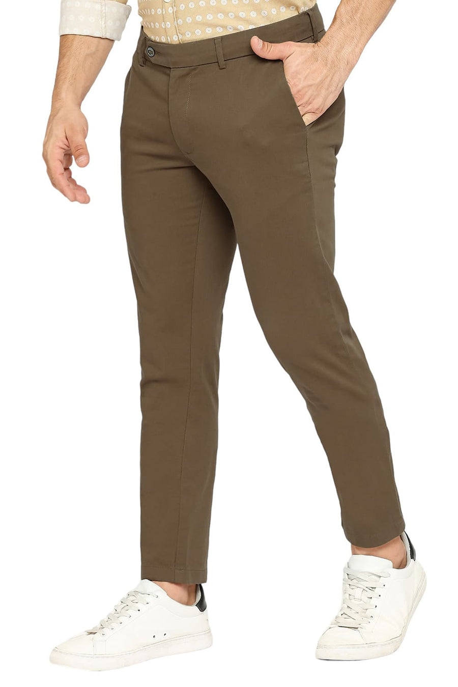 BASICS TAPERED FIT OTTER BROWN COTTON STRETCH PEACH TWILL TROUSERS