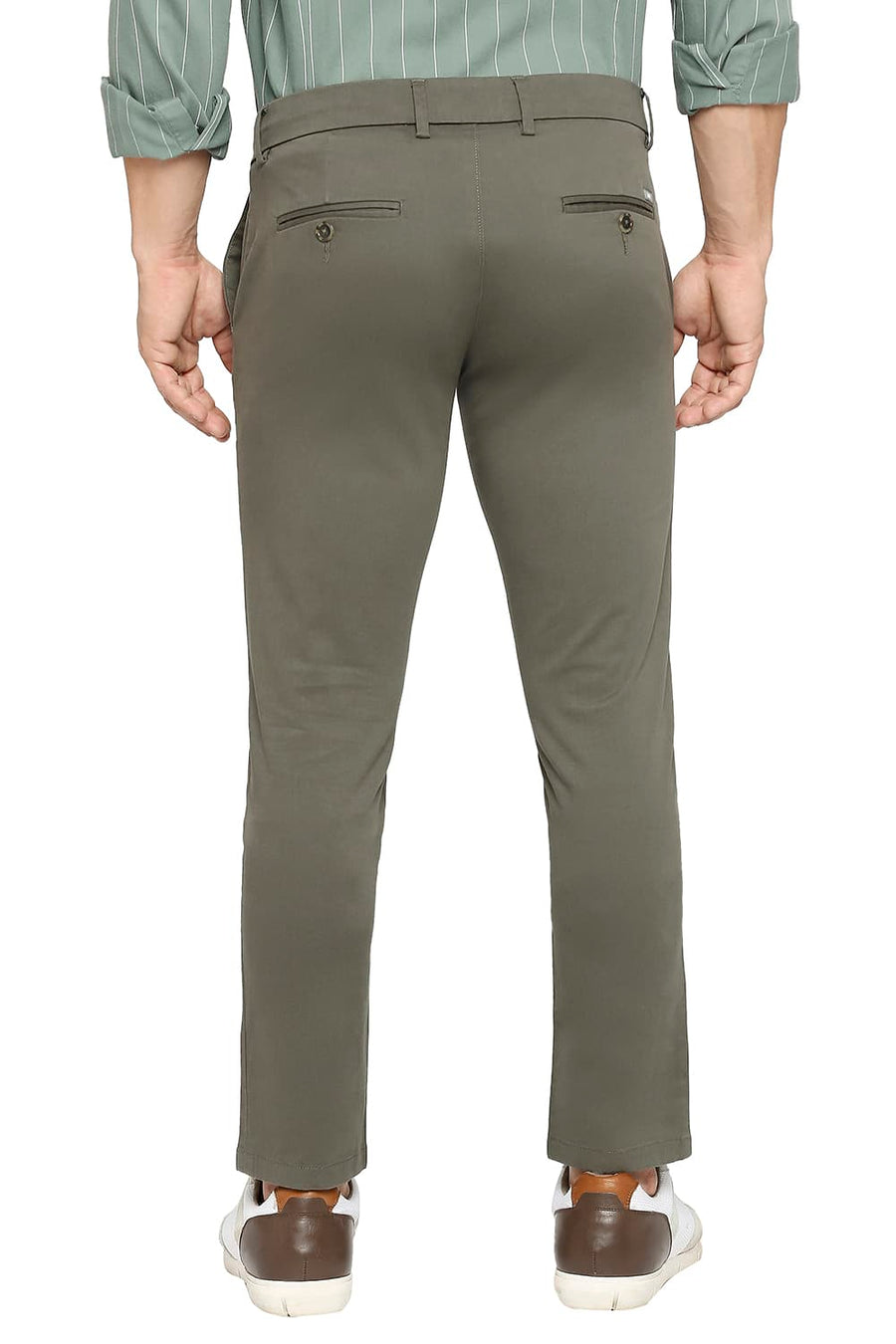 BASICS TAPERED FIT THYME GREY COTTON STRETCH PEACH TWILL TROUSERS