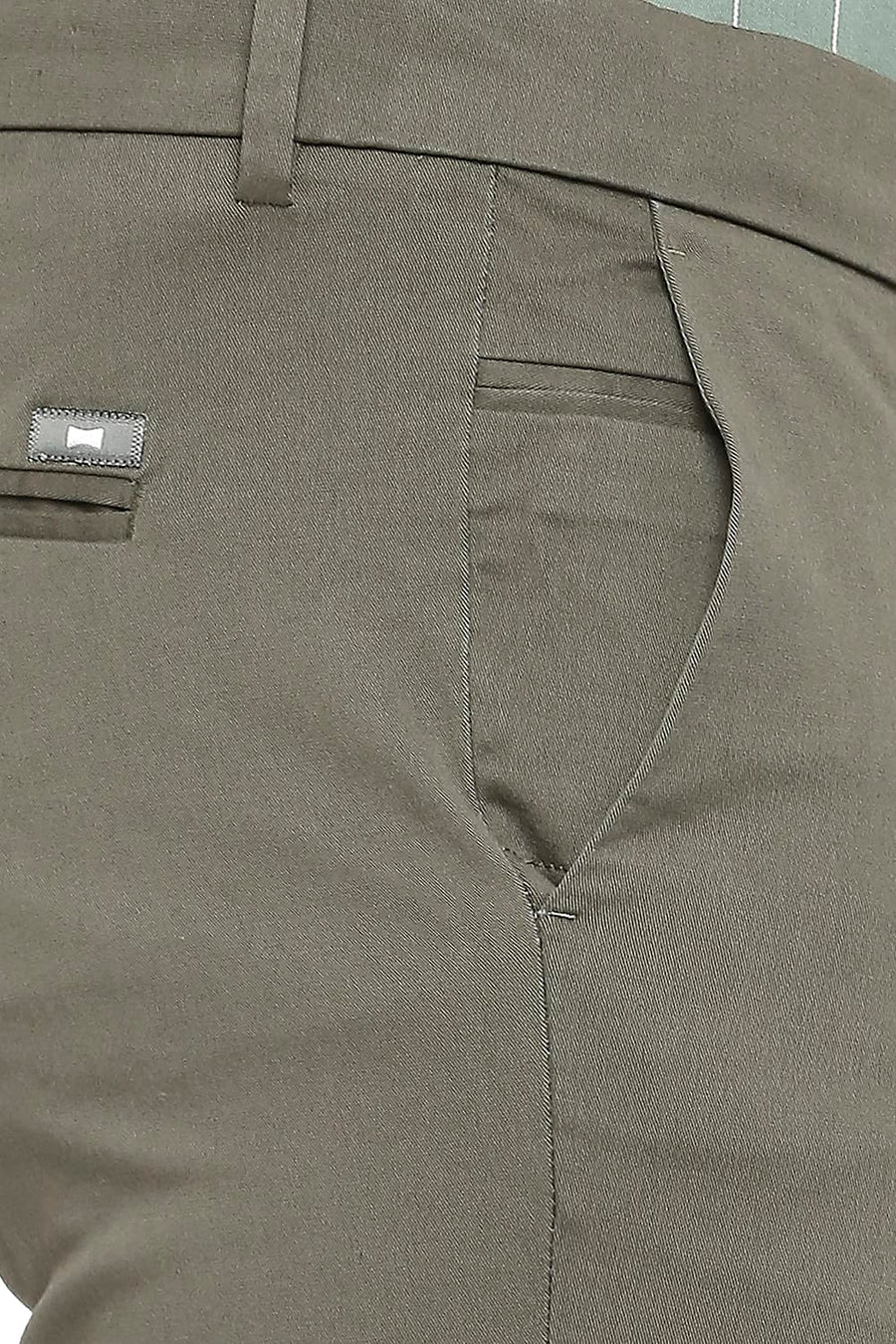 BASICS TAPERED FIT THYME GREY COTTON STRETCH PEACH TWILL TROUSERS