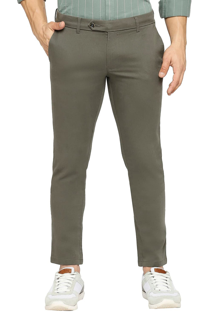 BASICS TAPERED FIT THYME GREY COTTON STRETCH PEACH TWILL TROUSERS