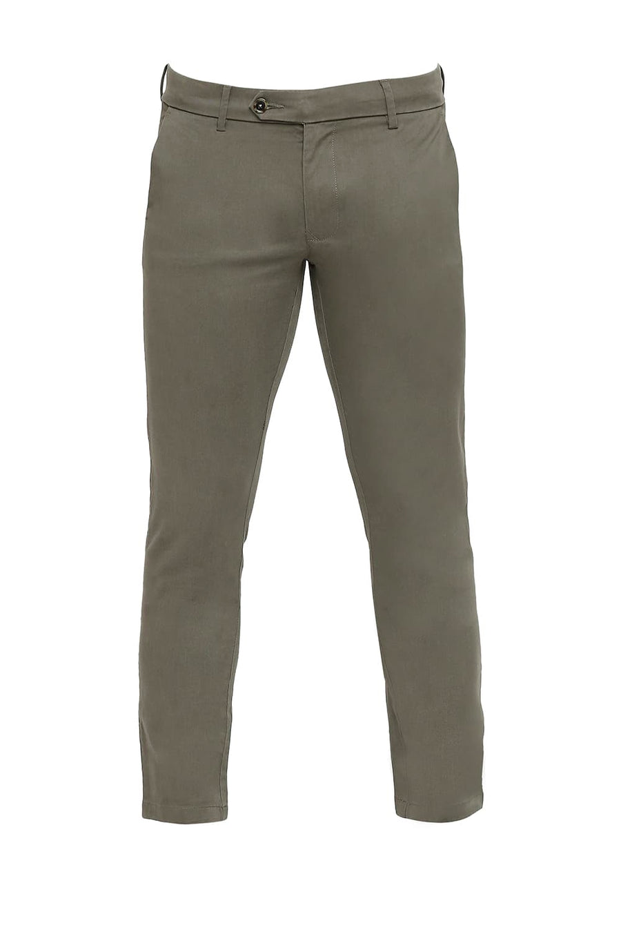 BASICS TAPERED FIT THYME GREY COTTON STRETCH PEACH TWILL TROUSERS