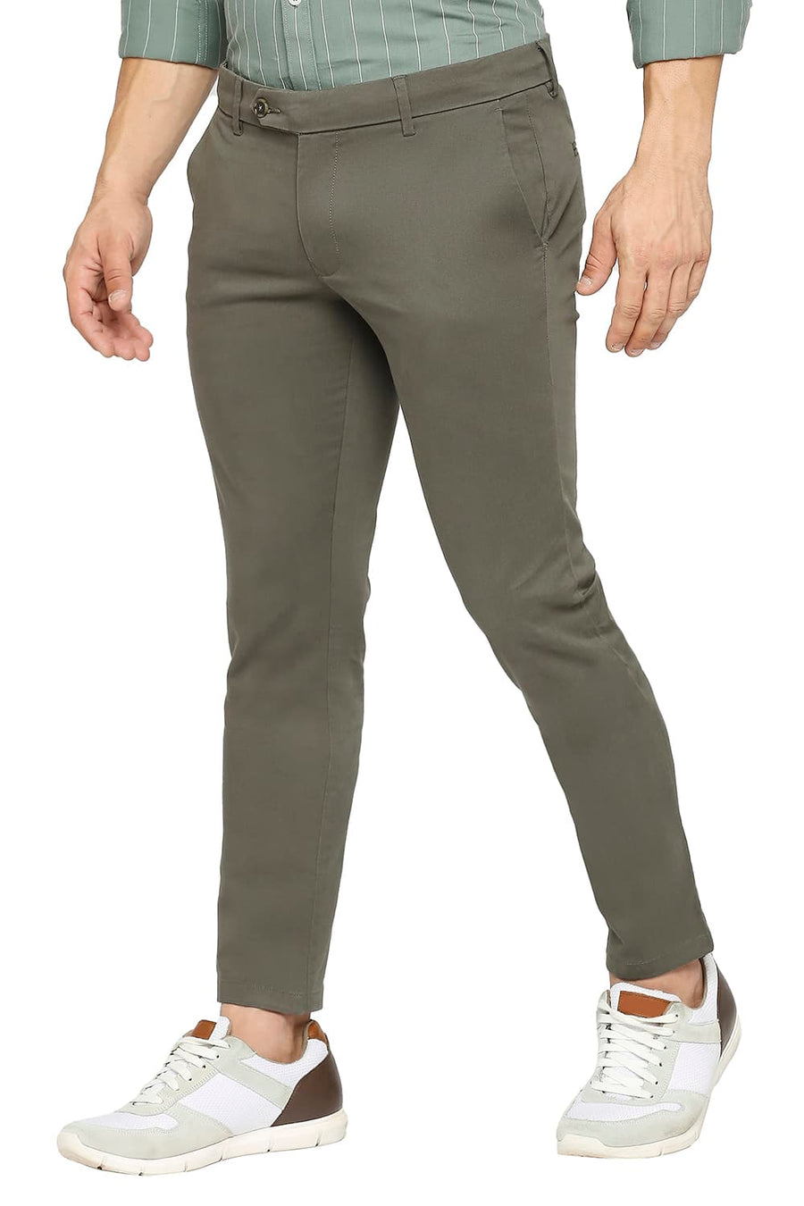 BASICS TAPERED FIT THYME GREY COTTON STRETCH PEACH TWILL TROUSERS