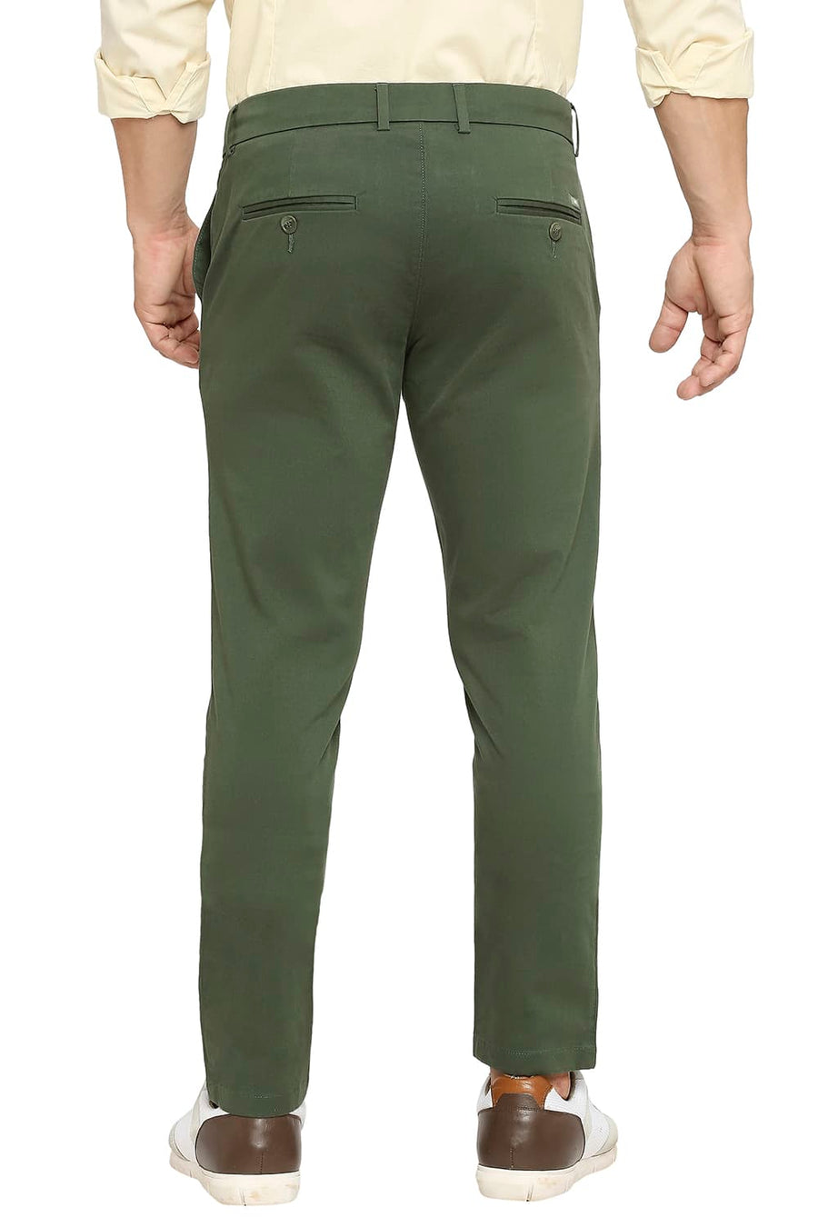 BASICS TAPERED FIT KOMBU GREEN COTTON STRETCH PEACH TWILL TROUSERS