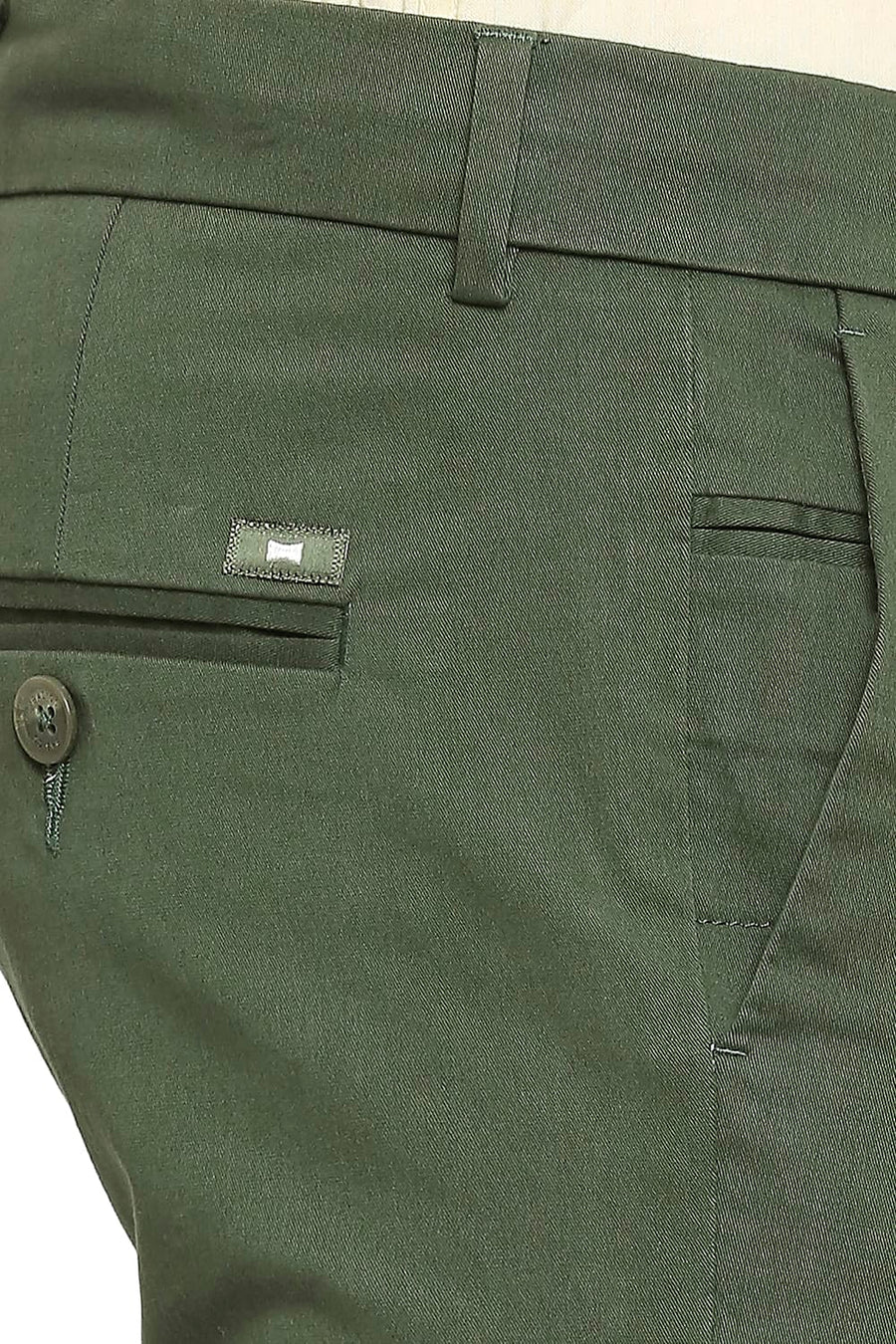 BASICS TAPERED FIT KOMBU GREEN COTTON STRETCH PEACH TWILL TROUSERS