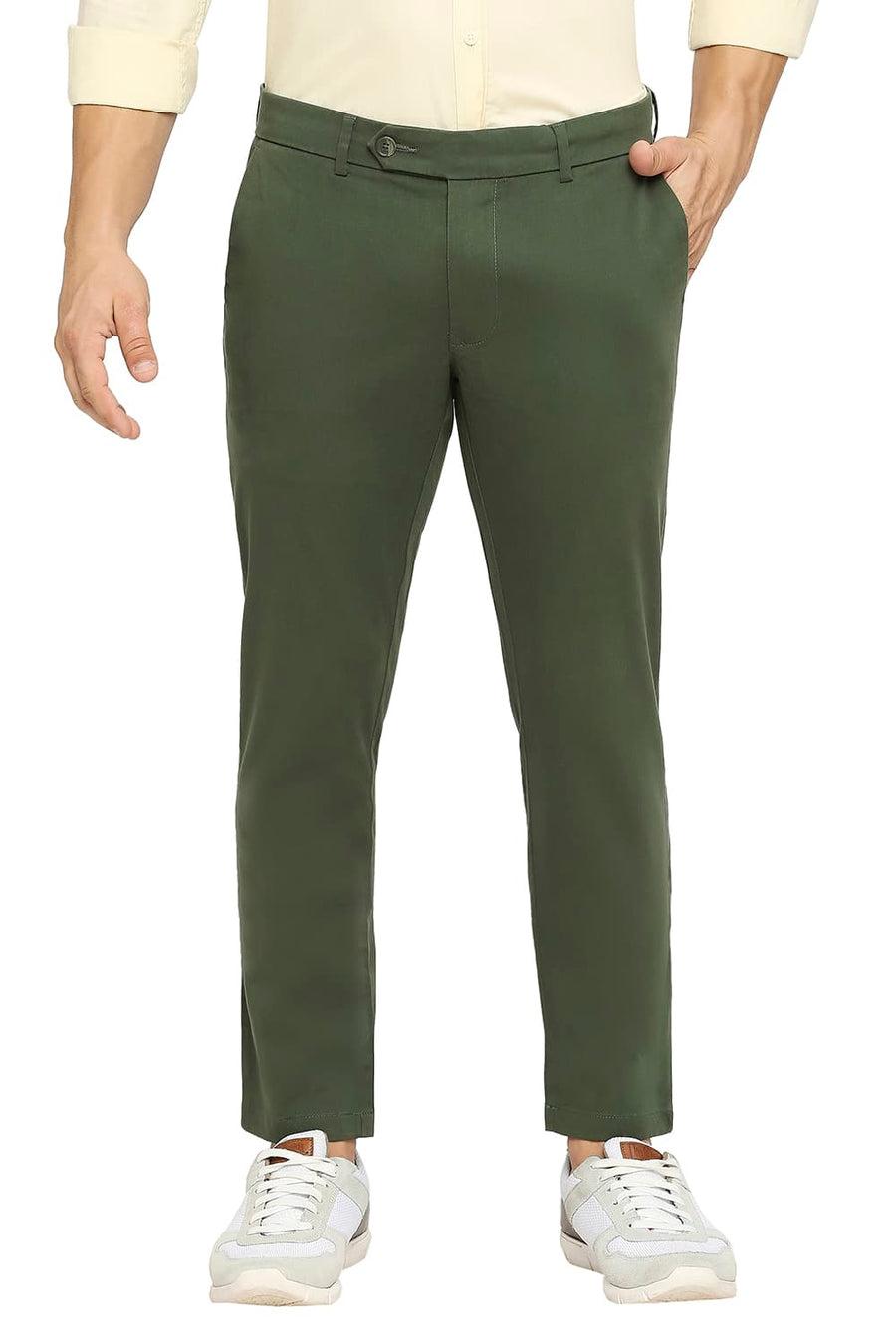 BASICS TAPERED FIT KOMBU GREEN COTTON STRETCH PEACH TWILL TROUSERS