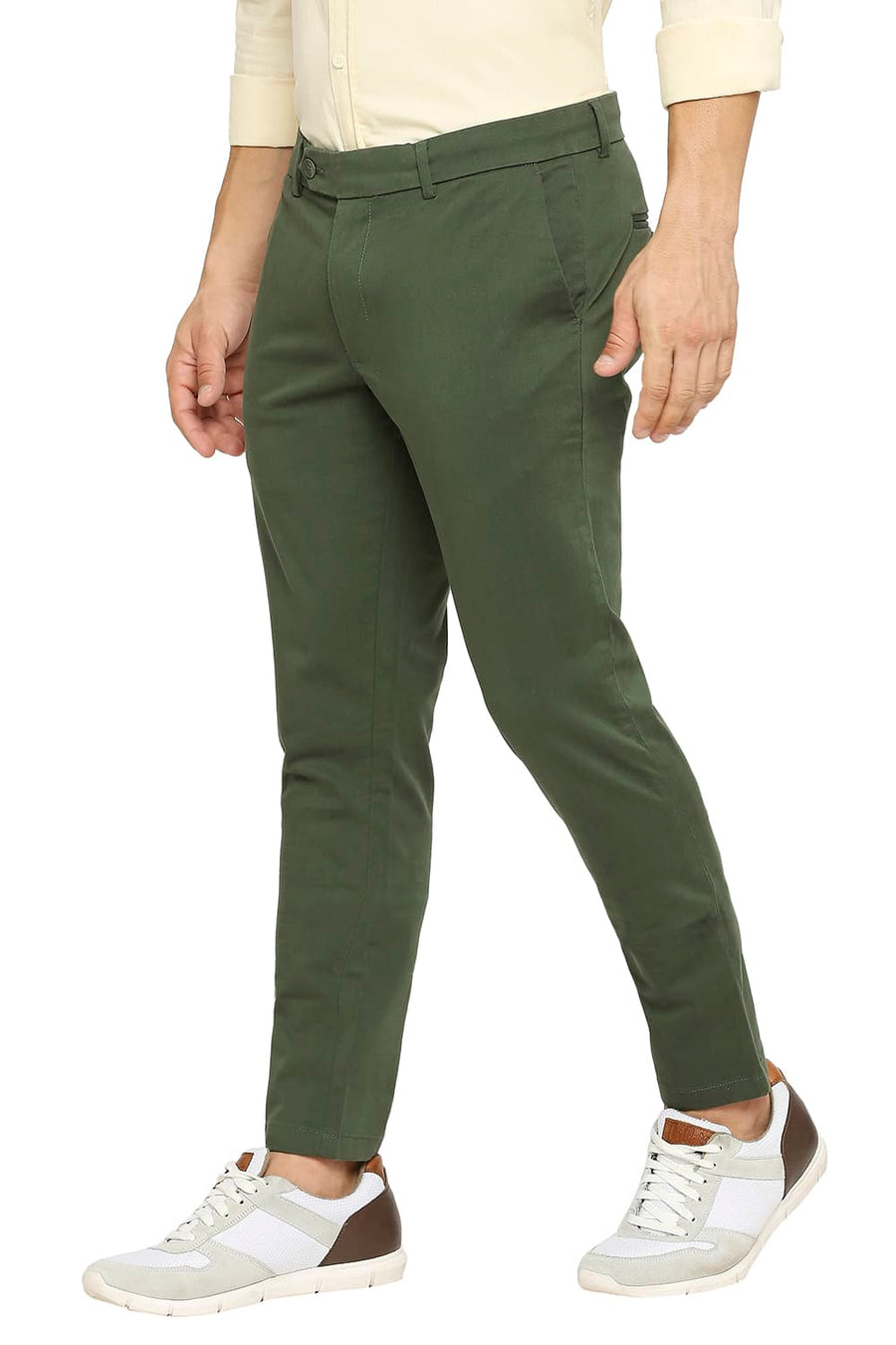 BASICS TAPERED FIT KOMBU GREEN COTTON STRETCH PEACH TWILL TROUSERS