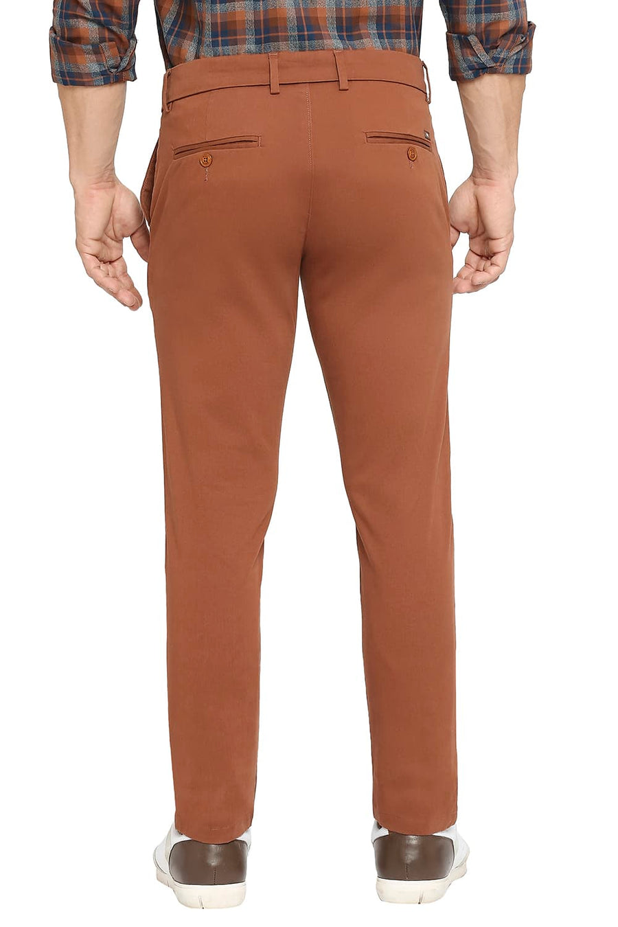 BASICS TAPERED FIT AZTEC BRICK COTTON STRETCH PEACH TWILL TROUSERS
