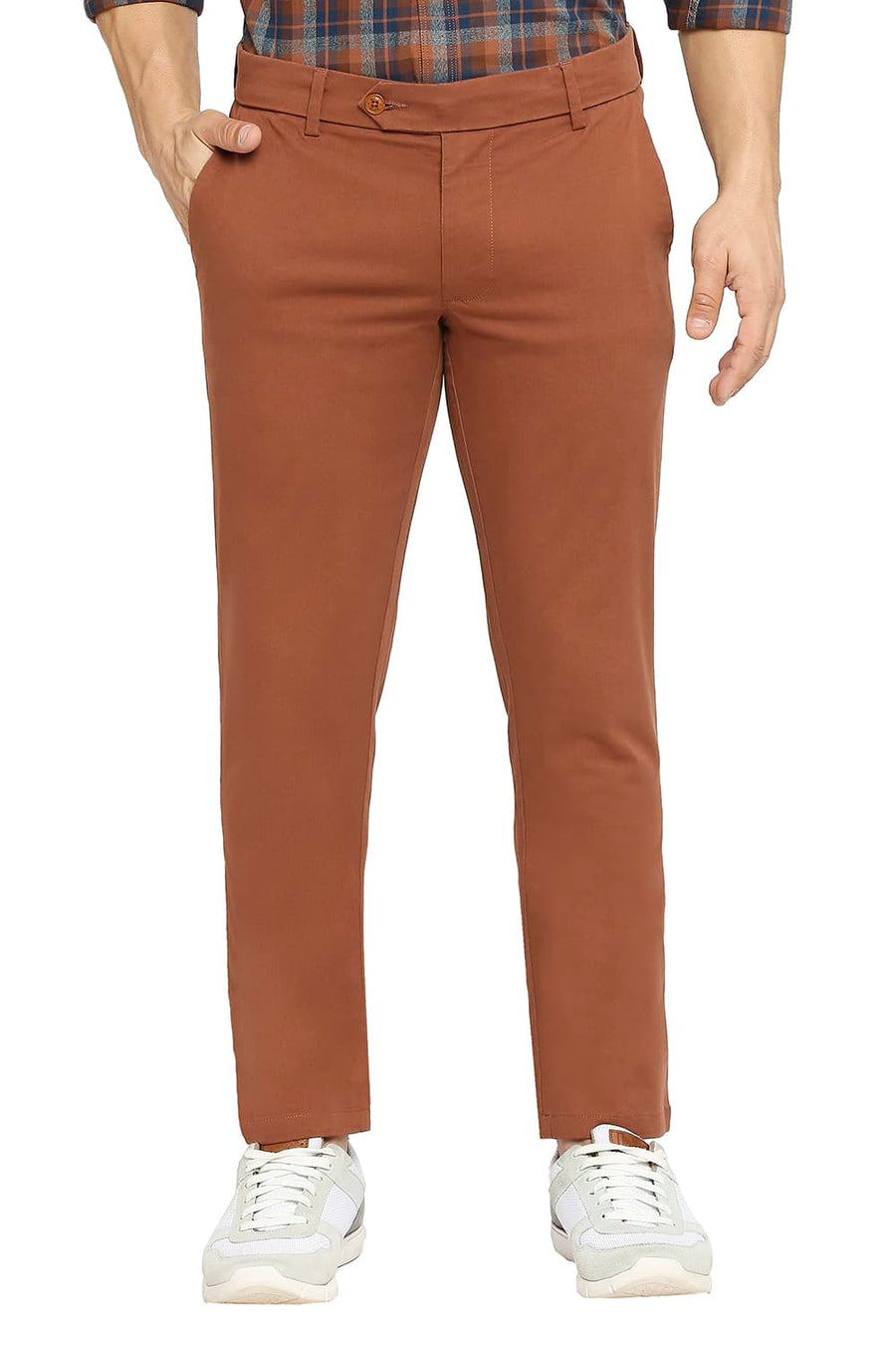 BASICS TAPERED FIT AZTEC BRICK COTTON STRETCH PEACH TWILL TROUSERS