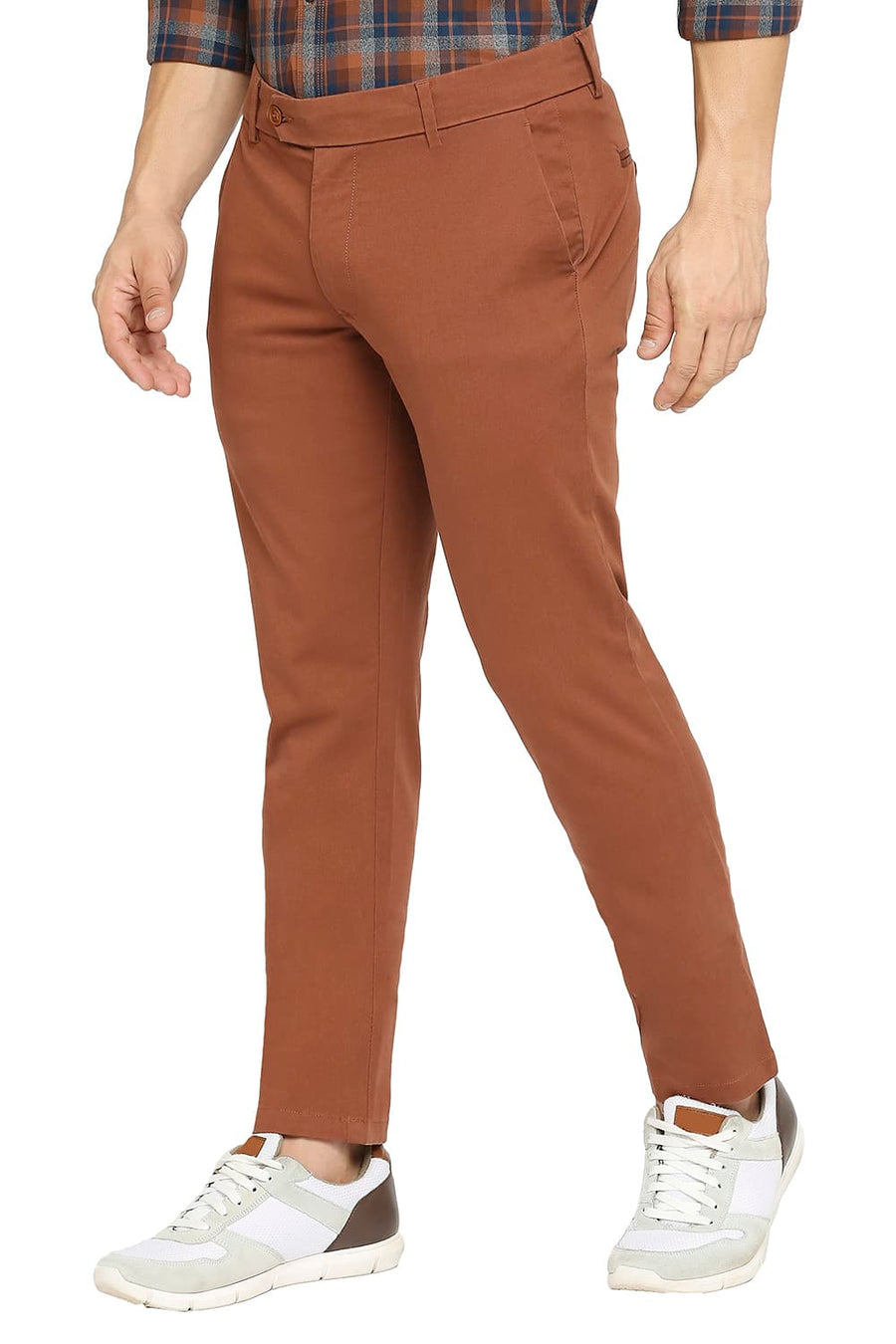 BASICS TAPERED FIT AZTEC BRICK COTTON STRETCH PEACH TWILL TROUSERS