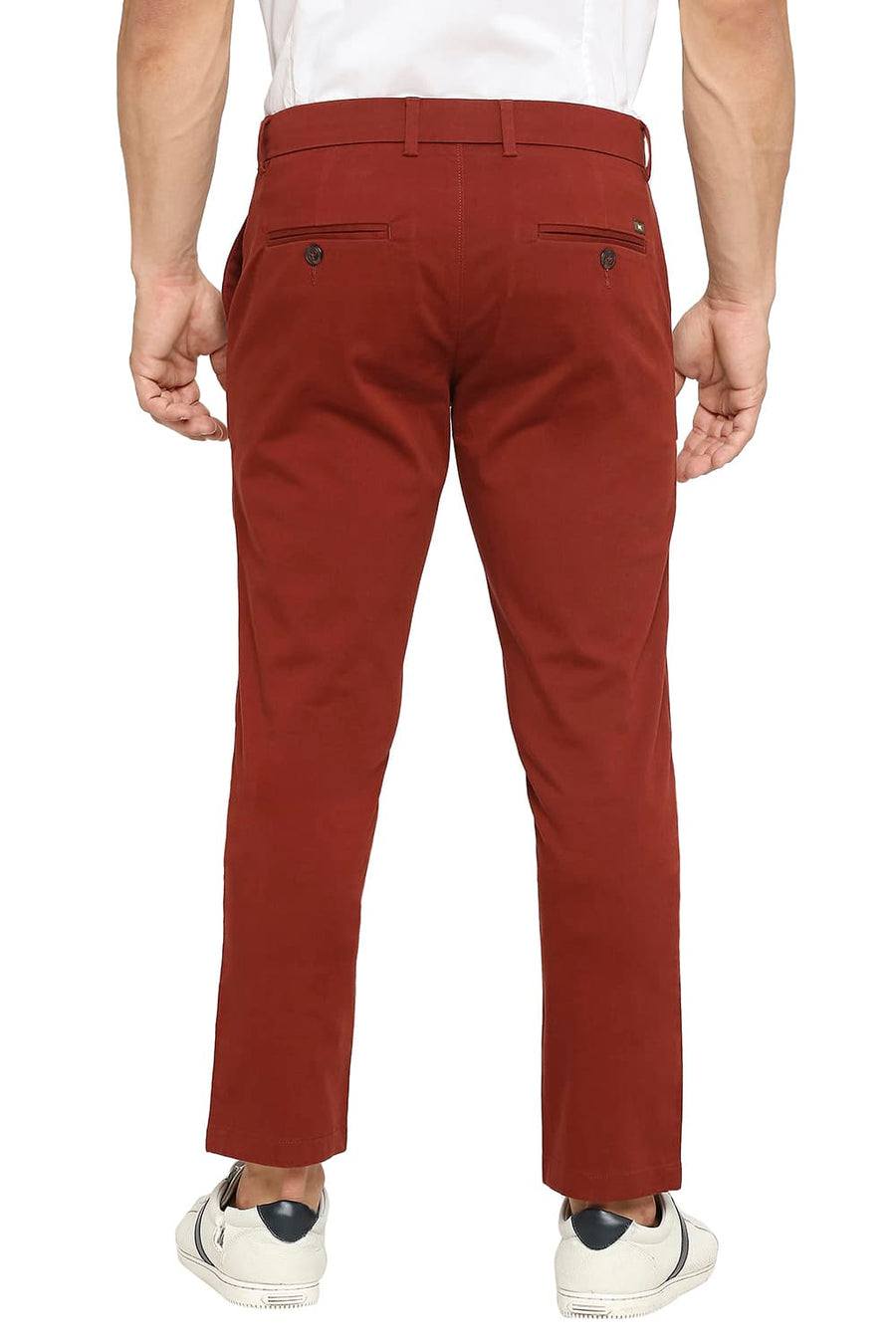 BASICS TAPERED FIT ANDORRA RED COTTON STRETCH PEACH TWILL TROUSERS