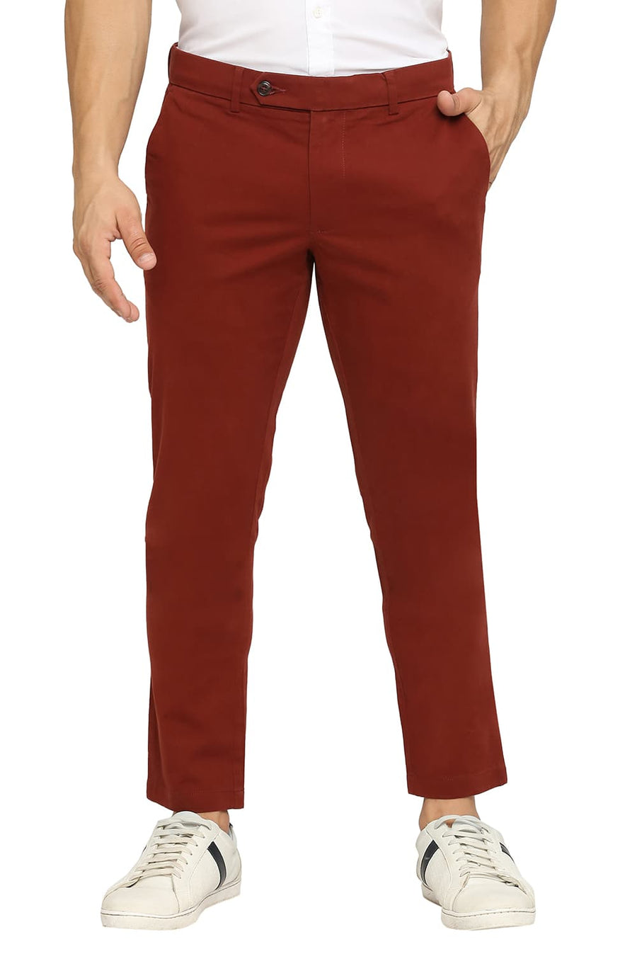 BASICS TAPERED FIT ANDORRA RED COTTON STRETCH PEACH TWILL TROUSERS