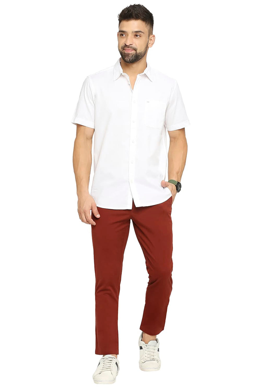 BASICS TAPERED FIT ANDORRA RED COTTON STRETCH PEACH TWILL TROUSERS