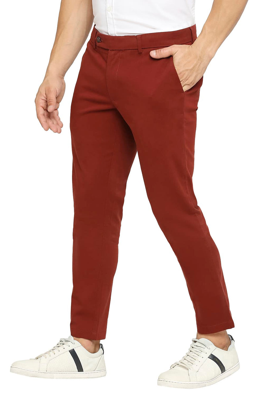 BASICS TAPERED FIT ANDORRA RED COTTON STRETCH PEACH TWILL TROUSERS