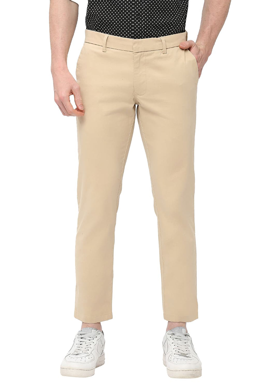 BASICS TAPERED FIT NOUGAT BEIGE COTTON STRETCH PEACH TWILL TROUSERS
