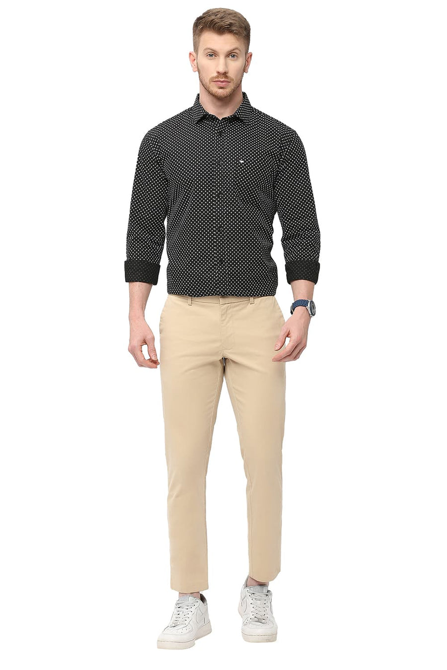 BASICS TAPERED FIT NOUGAT BEIGE COTTON STRETCH PEACH TWILL TROUSERS