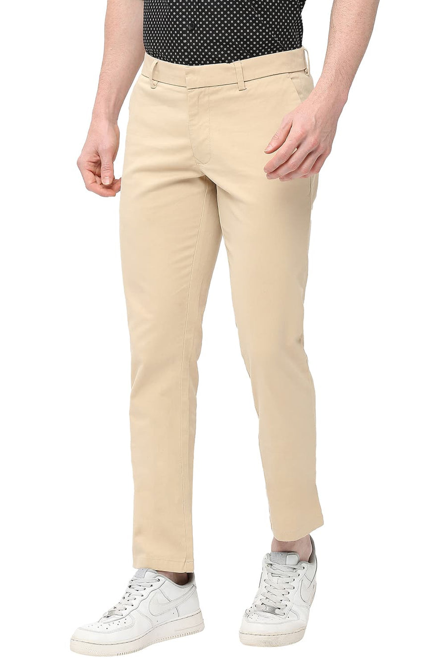 BASICS TAPERED FIT NOUGAT BEIGE COTTON STRETCH PEACH TWILL TROUSERS