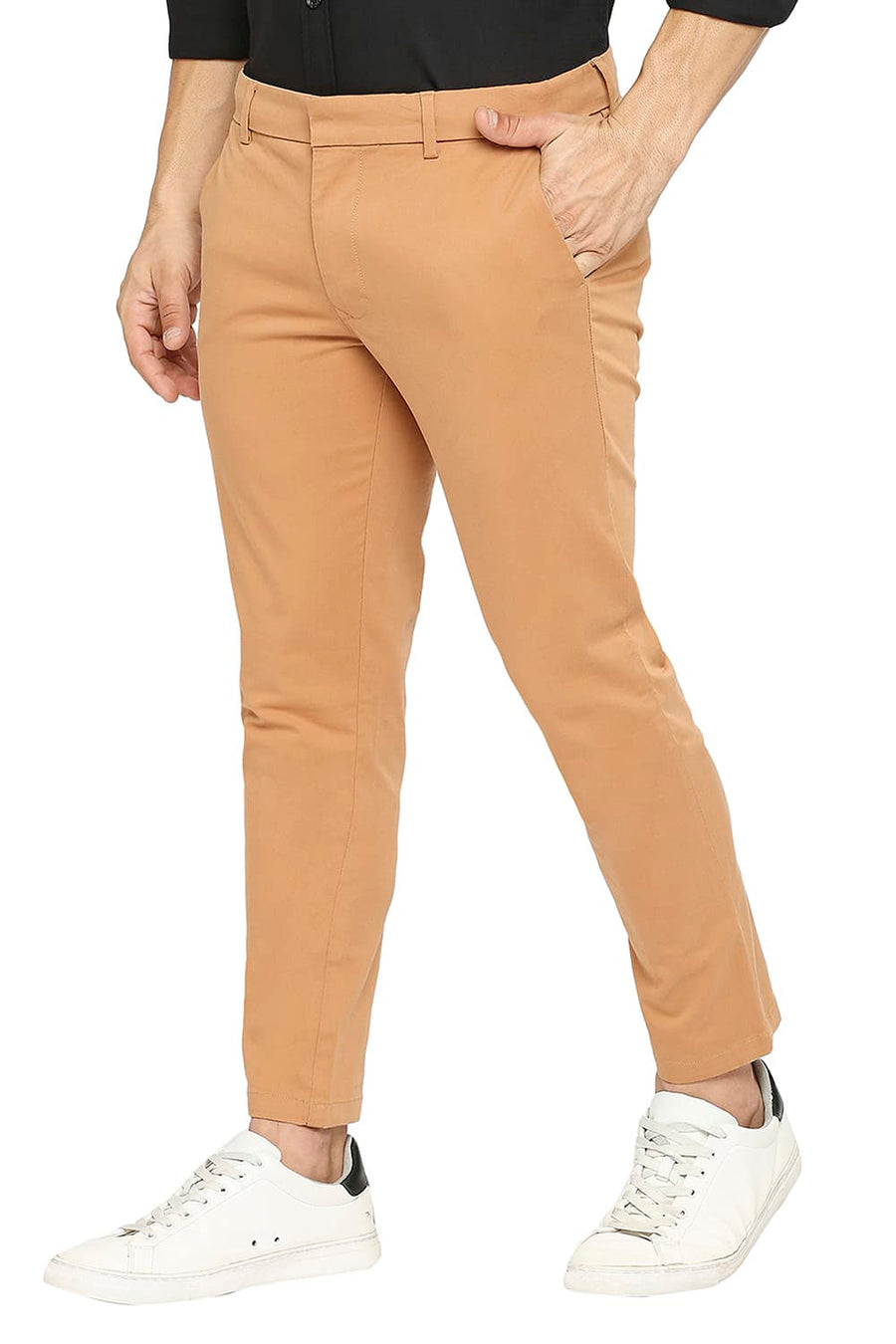 BASICS TAPERED FIT BUTTERUM PEACH COTTON STRETCH PEACH TWILL TROUSERS
