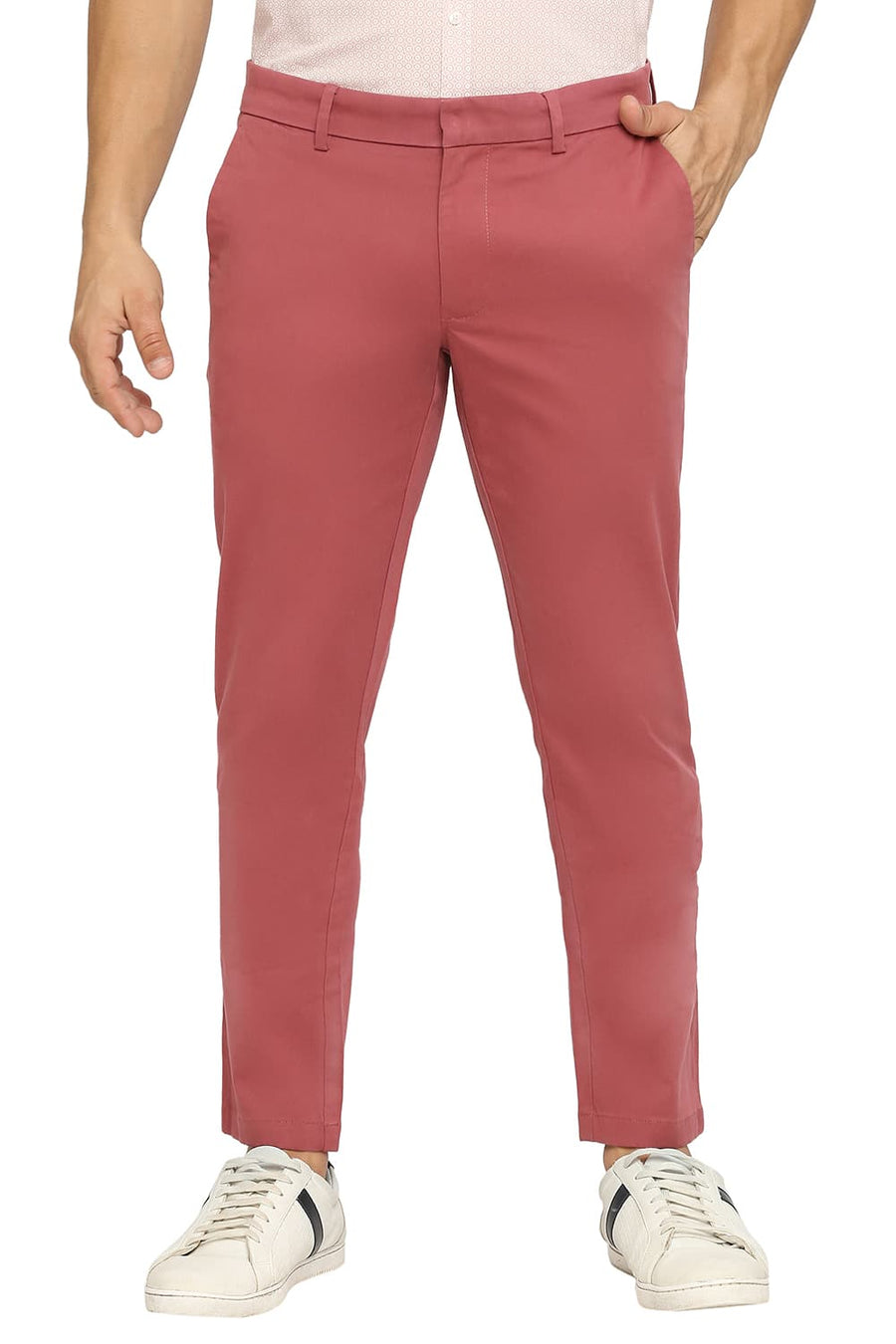 BASICS TAPERED FIT MAUVEWOOD WINE COTTON STRETCH PEACH TWILL TROUSERS