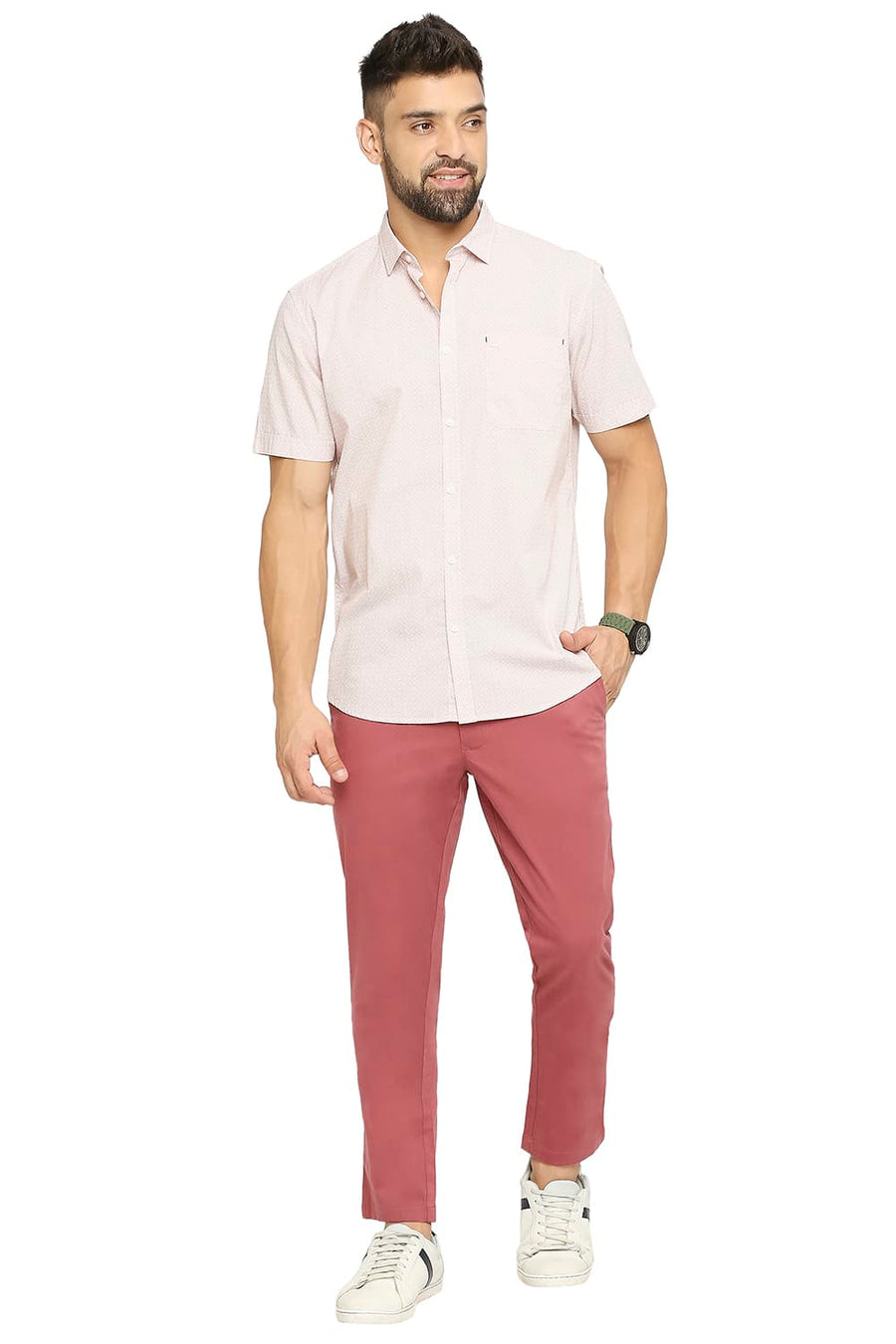 BASICS TAPERED FIT MAUVEWOOD WINE COTTON STRETCH PEACH TWILL TROUSERS