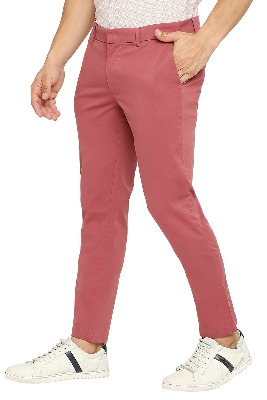 BASICS TAPERED FIT MAUVEWOOD WINE COTTON STRETCH PEACH TWILL TROUSERS