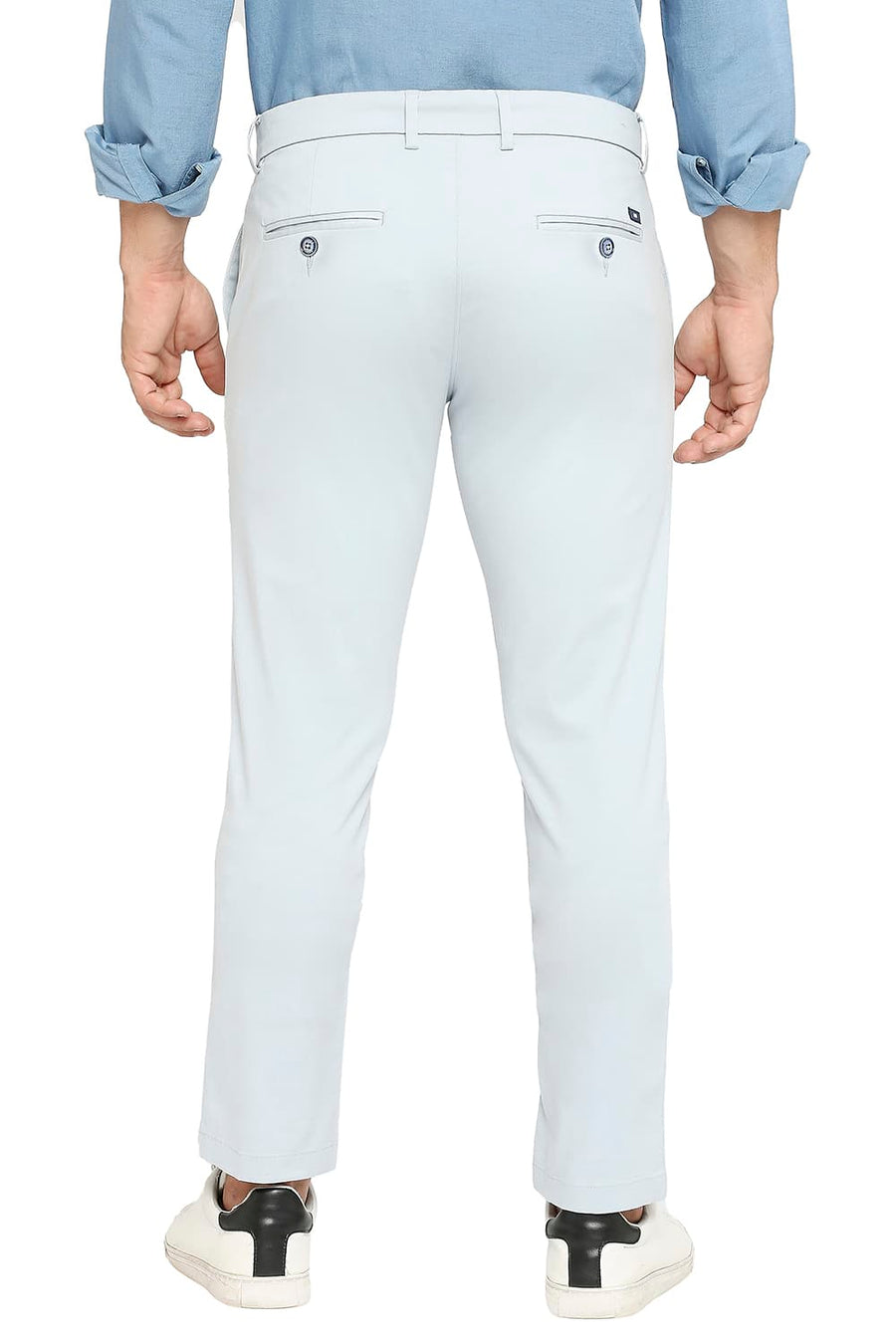 BASICS TAPERED FIT STERLING BLUE COTTON STRETCH PEACH TWILL TROUSERS