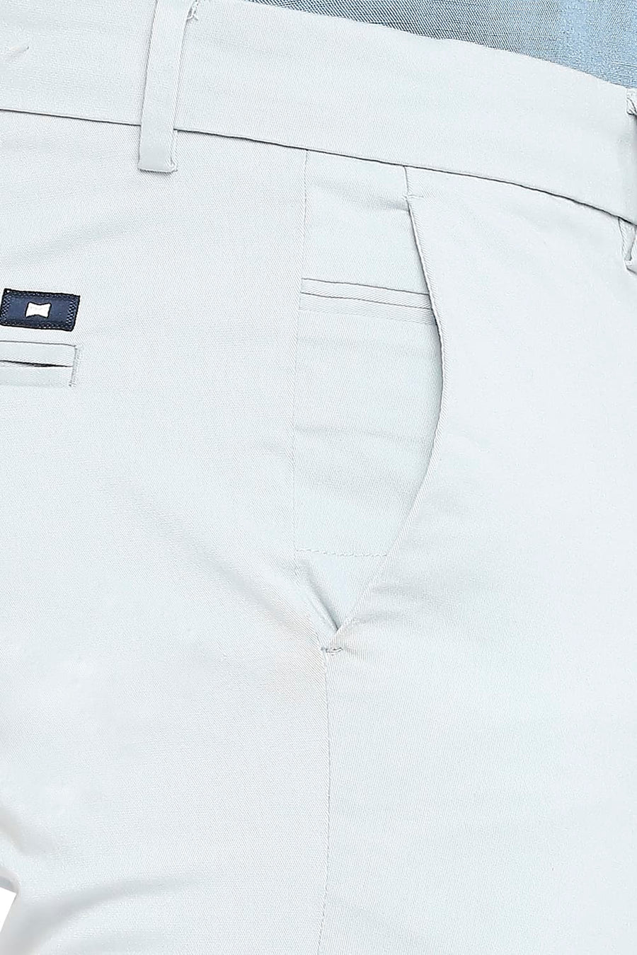 BASICS TAPERED FIT STERLING BLUE COTTON STRETCH PEACH TWILL TROUSERS