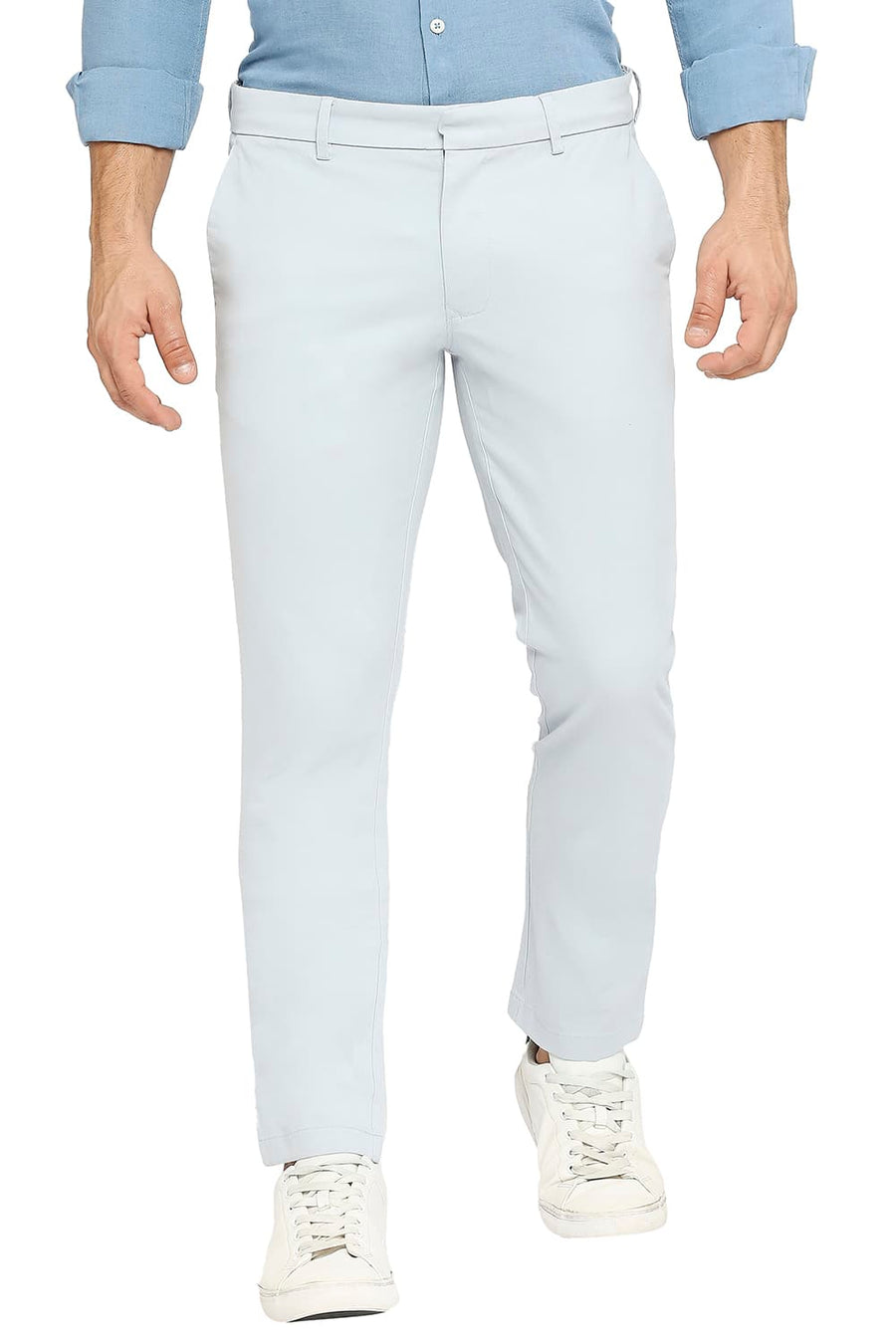 BASICS TAPERED FIT STERLING BLUE COTTON STRETCH PEACH TWILL TROUSERS