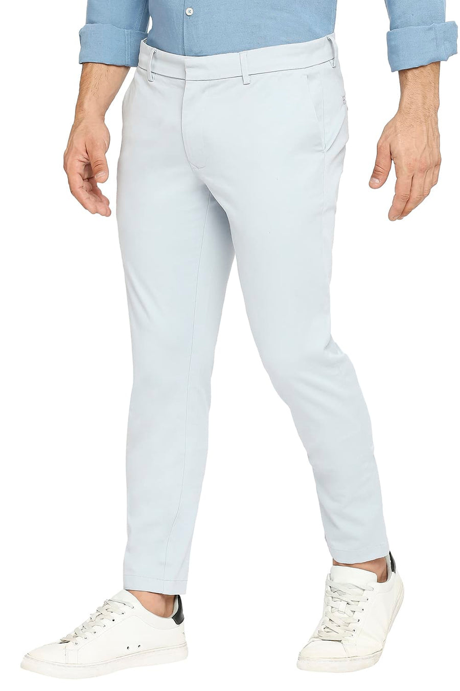 BASICS TAPERED FIT STERLING BLUE COTTON STRETCH PEACH TWILL TROUSERS