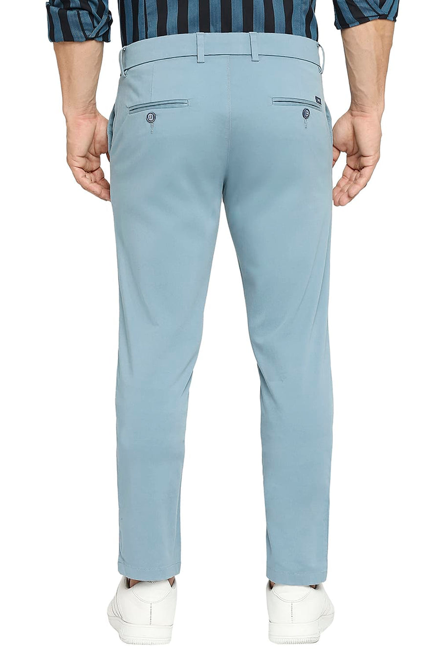 BASICS TAPERED FIT STORM BLUE COTTON STRETCH PEACH TWILL TROUSERS