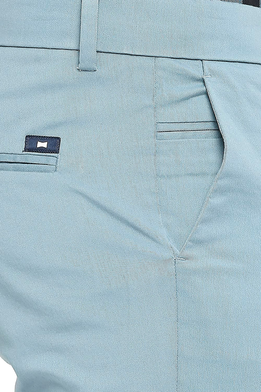 BASICS TAPERED FIT STORM BLUE COTTON STRETCH PEACH TWILL TROUSERS