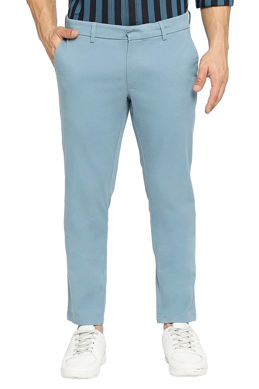 BASICS TAPERED FIT STORM BLUE COTTON STRETCH PEACH TWILL TROUSERS