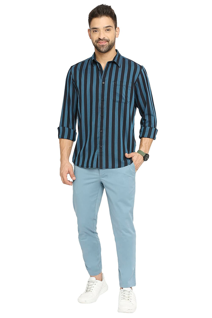 BASICS TAPERED FIT STORM BLUE COTTON STRETCH PEACH TWILL TROUSERS