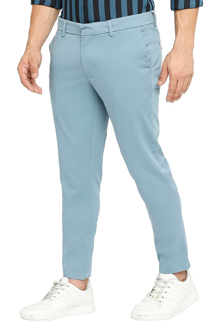 BASICS TAPERED FIT STORM BLUE COTTON STRETCH PEACH TWILL TROUSERS