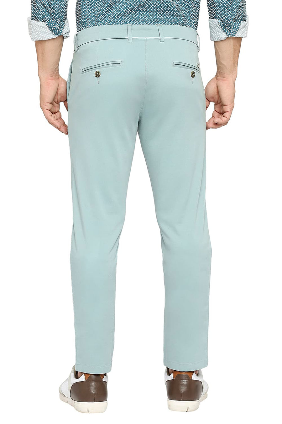 BASICS TAPERED FIT TRELLIS GREEN COTTON STRETCH PEACH TWILL TROUSERS