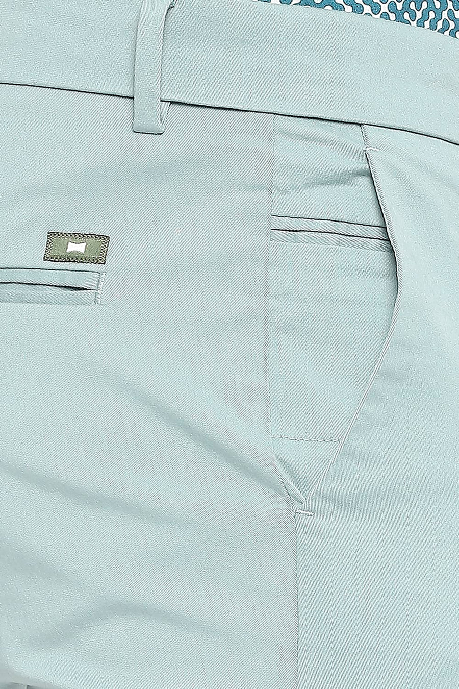 BASICS TAPERED FIT TRELLIS GREEN COTTON STRETCH PEACH TWILL TROUSERS
