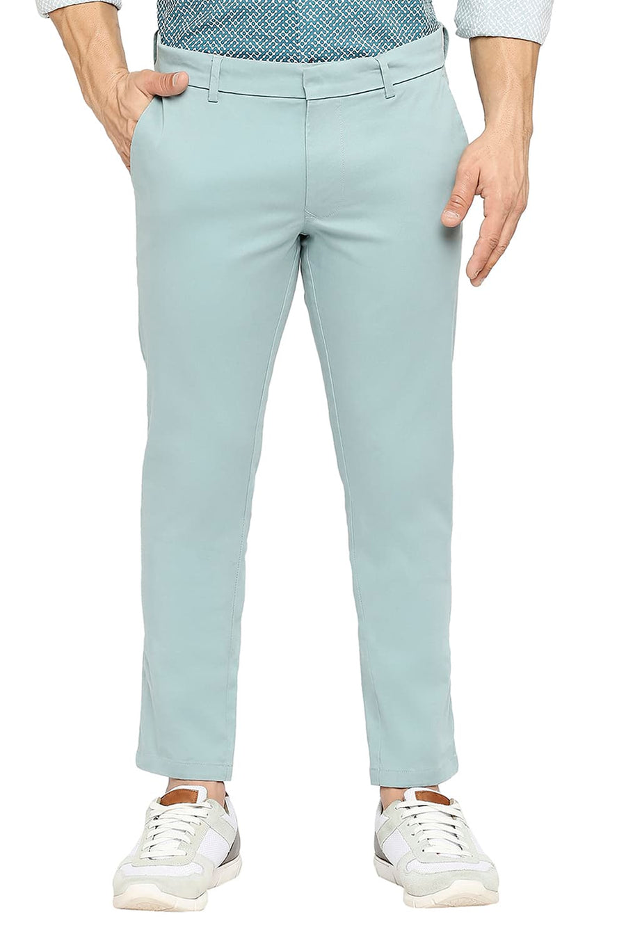 BASICS TAPERED FIT TRELLIS GREEN COTTON STRETCH PEACH TWILL TROUSERS