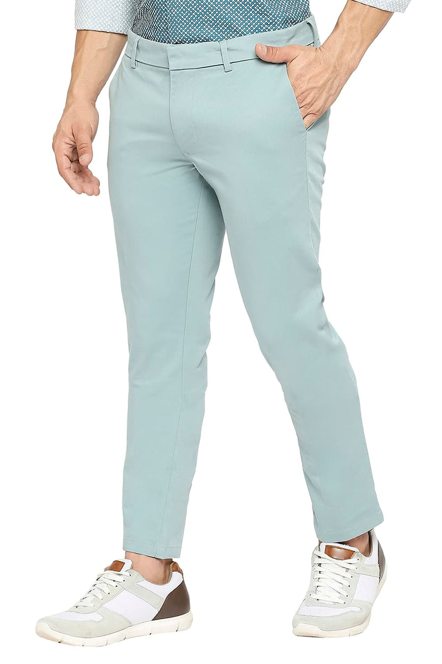BASICS TAPERED FIT TRELLIS GREEN COTTON STRETCH PEACH TWILL TROUSERS