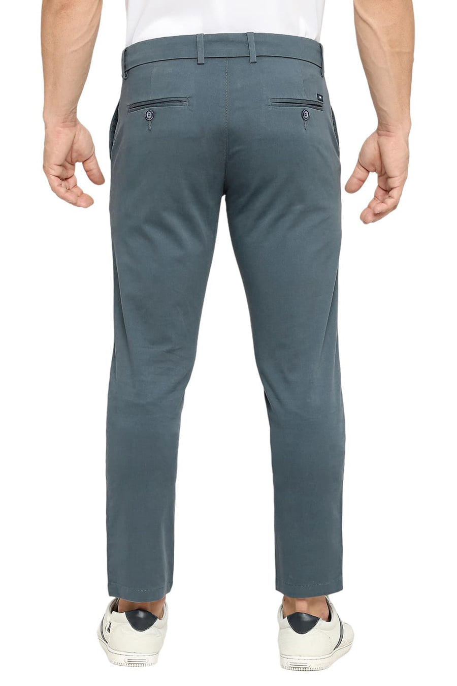 BASICS TAPERED FIT TROOPER TEAL COTTON STRETCH PEACH TWILL TROUSERS