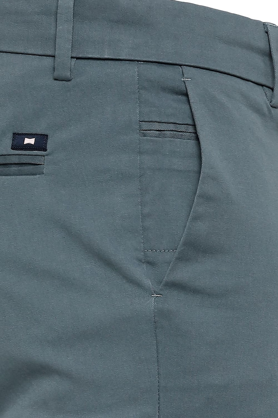 BASICS TAPERED FIT TROOPER TEAL COTTON STRETCH PEACH TWILL TROUSERS