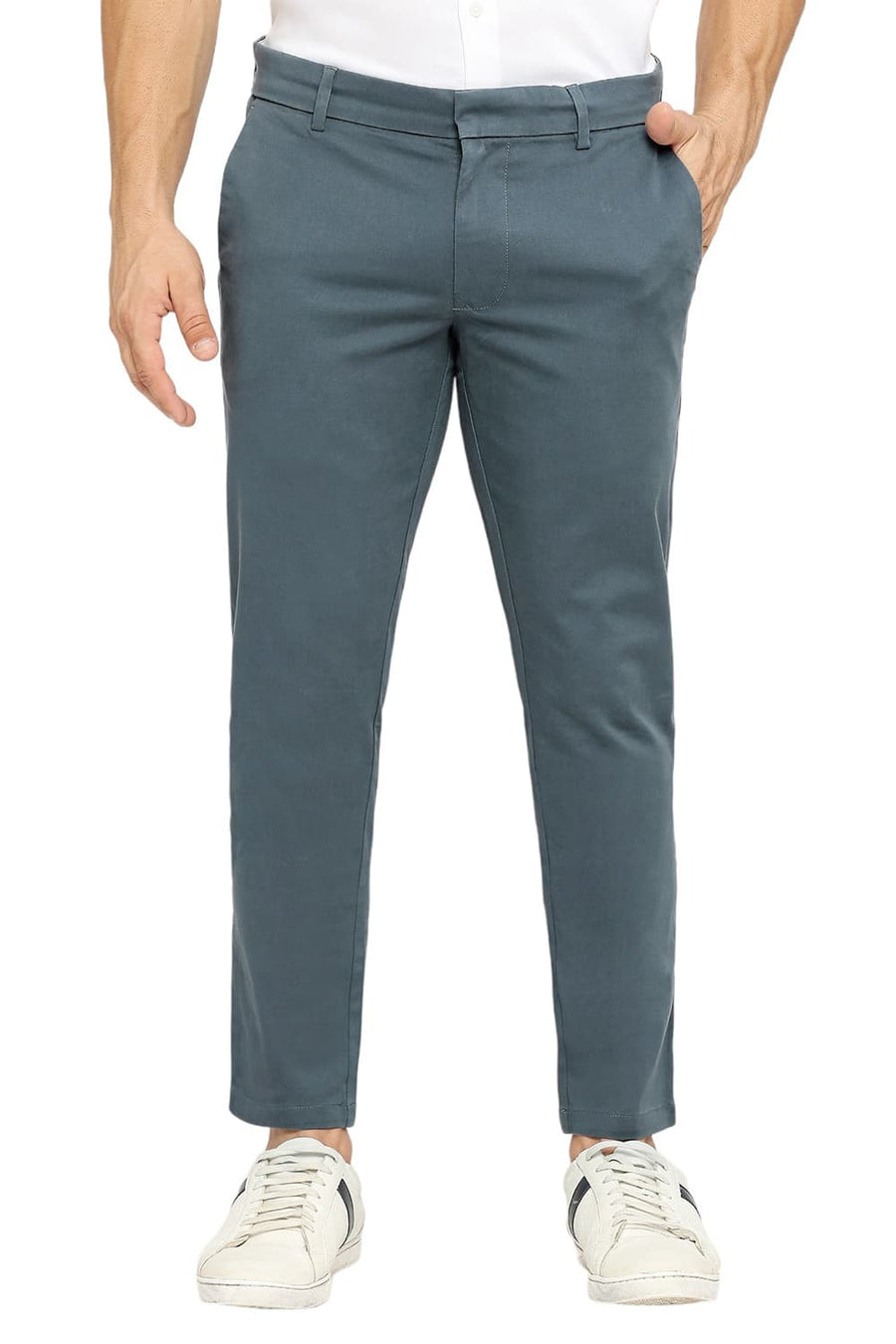 BASICS TAPERED FIT TROOPER TEAL COTTON STRETCH PEACH TWILL TROUSERS