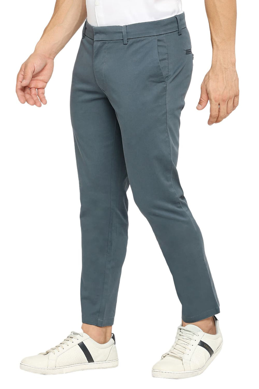 BASICS TAPERED FIT TROOPER TEAL COTTON STRETCH PEACH TWILL TROUSERS