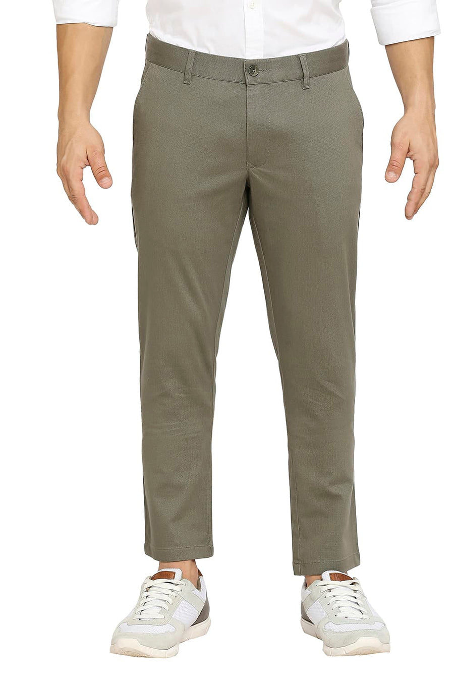 BASICS TAPERED FIT BEETLE GREEN COTTON STRETCH DOBBY TROUSERS