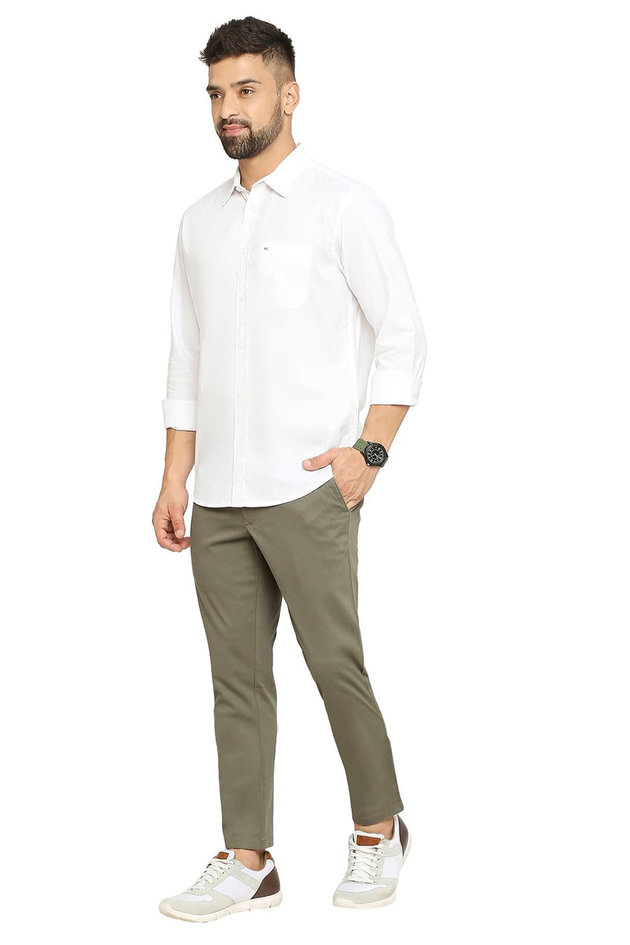 BASICS TAPERED FIT BEETLE GREEN COTTON STRETCH DOBBY TROUSERS