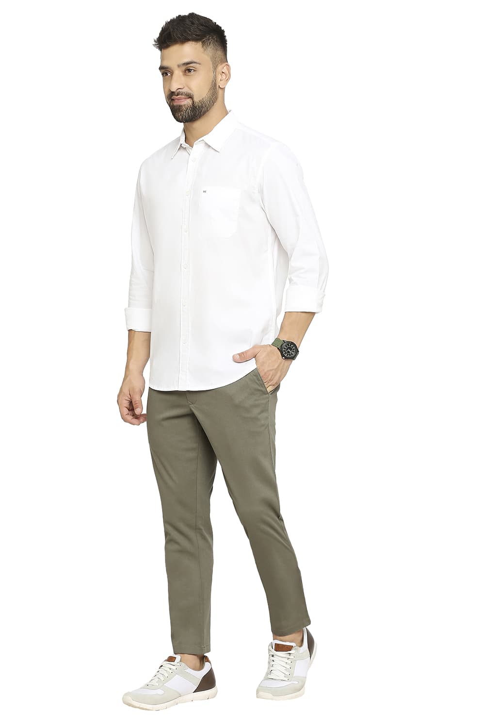 BASICS TAPERED FIT COTTON STRETCH DOBBY TROUSERS