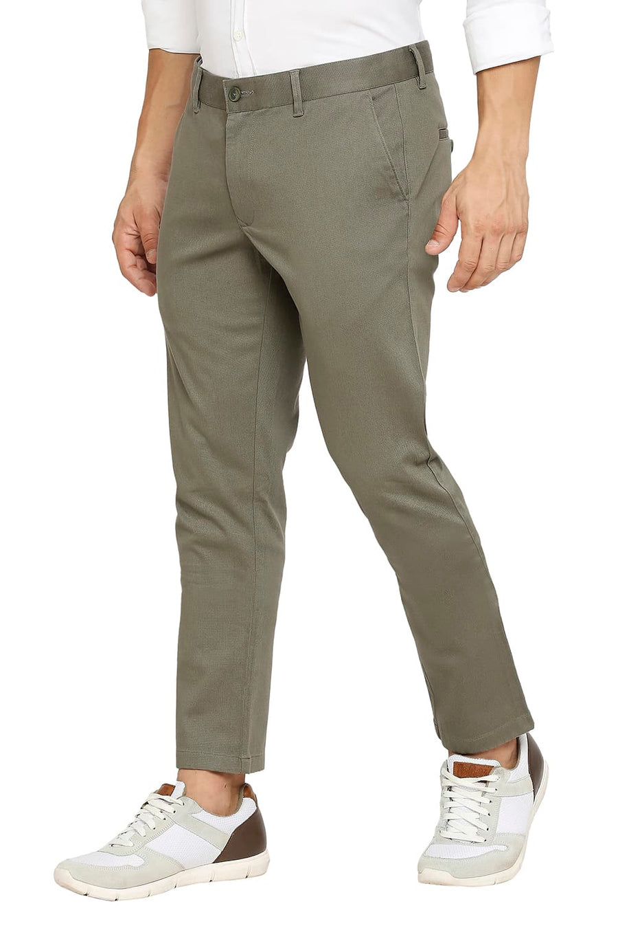 BASICS TAPERED FIT BEETLE GREEN COTTON STRETCH DOBBY TROUSERS