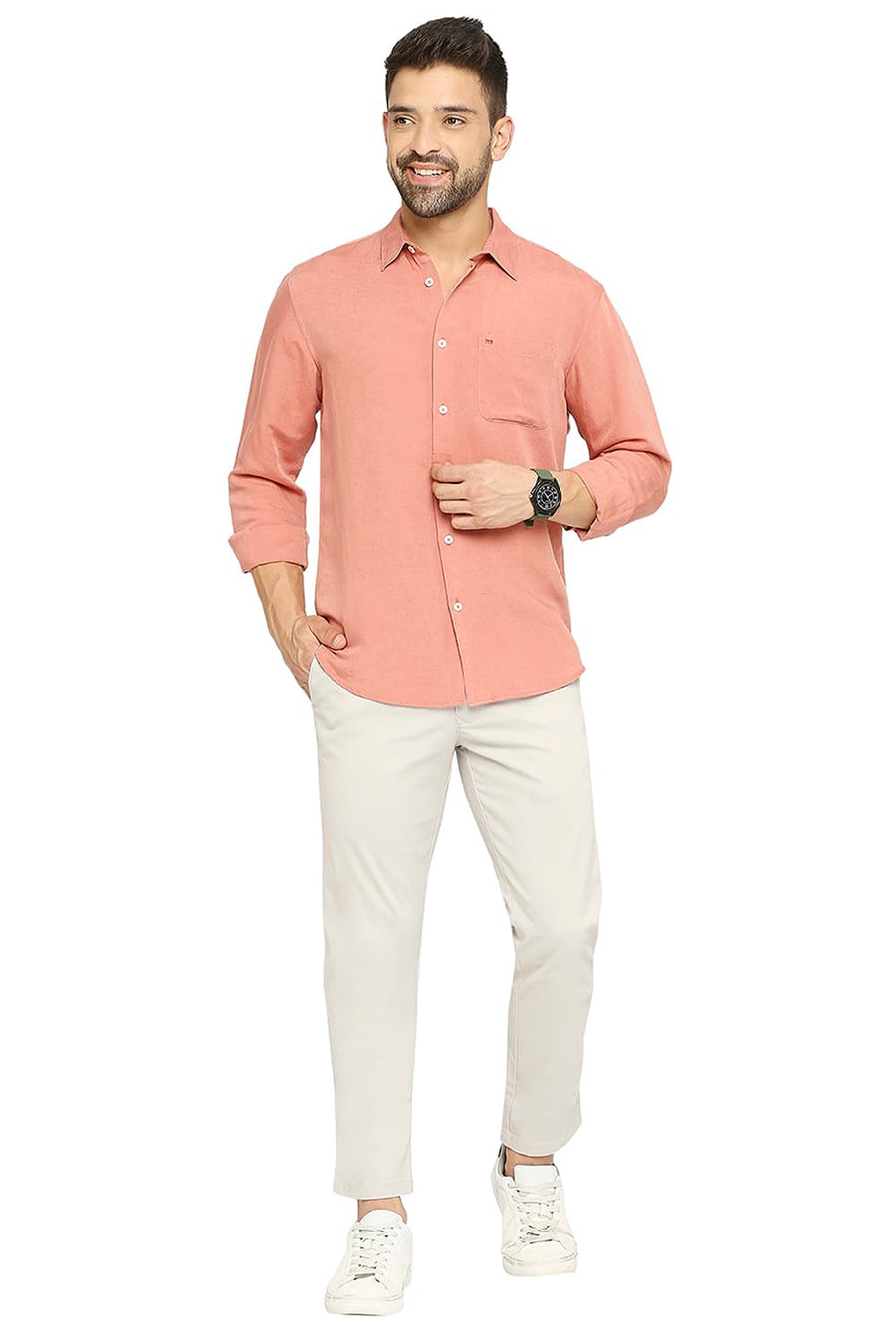 BASICS TAPERED FIT MOONSTRUCK STONE COTTON STRETCH DOBBY TROUSERS
