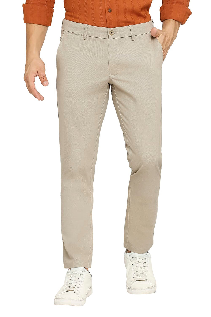 BASICS TAPERED FIT OXFORD KHAKI COTTON STRETCH DOBBY TROUSERS