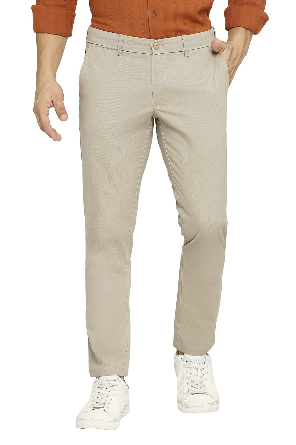 BASICS TAPERED FIT COTTON STRETCH DOBBY TROUSERS