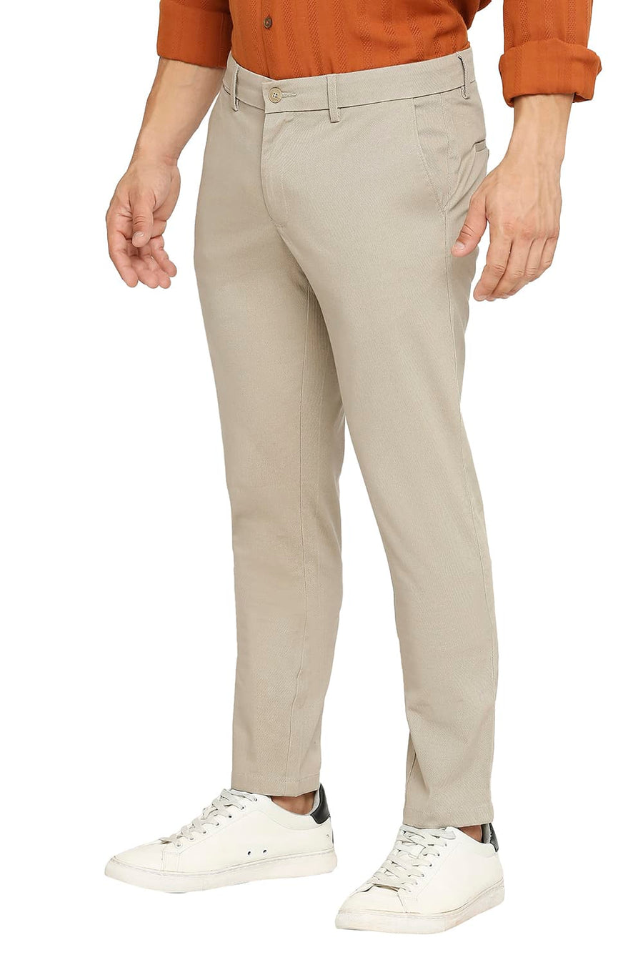 BASICS TAPERED FIT OXFORD KHAKI COTTON STRETCH DOBBY TROUSERS